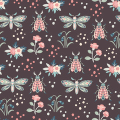 Cut out paper insects and flowers. Vector seamless pattern