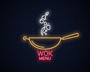 Wok neon banner. Frying pan cooking menu - obrazy, fototapety, plakaty