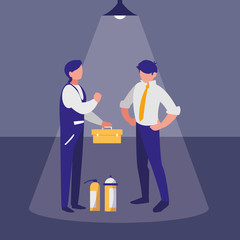 mechanics workers with toolbox characters