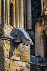 Architectural fragments of Reims Notre-Dame cathedral. Notre-Dame de Reims Cathedral (Our Lady of Reims, 1275) is Roman Catholic Church in Reims. Champagne-ardenne, France.