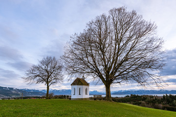 Small chapel and trees on a hill near Weißensberg on a cloudy day in eary spring
