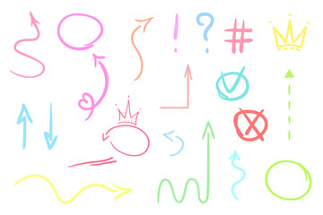 Infographic elements on isolated white background. Hand drawn colored pointers on white. Abstract arrows. Line art. Set of different signs. Colorful illustration