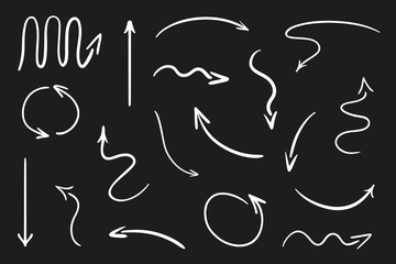 Hand drawn infographic elements on black. Abstract white arrows. Line art. Set of different pointers