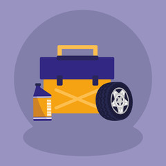tools box mechanic with oil gallon and tire