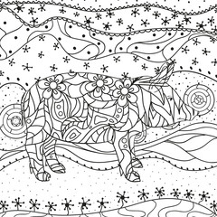 Ornate wallpaper with pig. Hand drawn waved ornaments on white. Abstract patterns on isolated background. Design for spiritual relaxation for adults. Line art. Black and white illustration