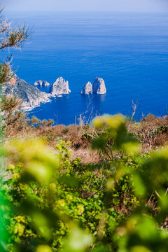 Italy, Campania, Capri, Anacapri, Faraglioni rocks, view from Monte Solaro