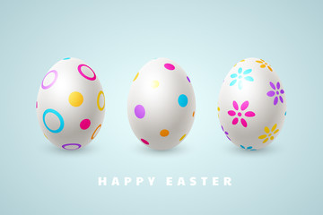 Happy Easter holiday composition with 3d Easter eggs on blue background with greeting text. Vector illustration.