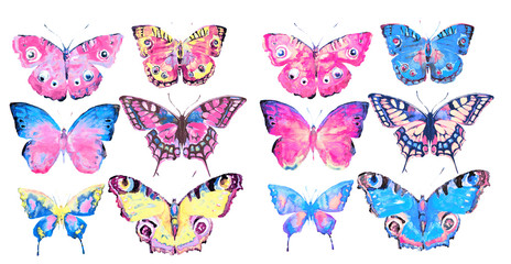 beautiful color butterflies, set, watercolor,  isolated  on a white