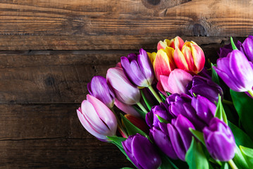 Beautiful purple tulips on dark rustic background