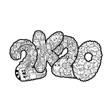 New year 2K20. Monster doodle date. Ornate holiday symbol.