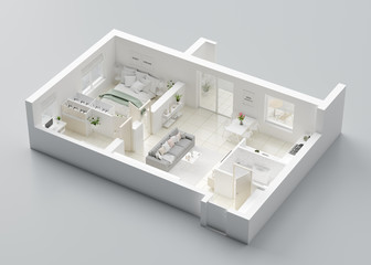 3D Floor plan of a home, 3D illustration. Open concept living apartment layout