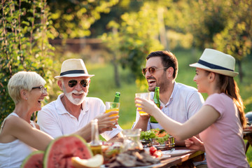 Big family have lunch in a garden
