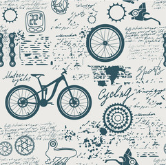 Bicycles.Vector abstract seamless pattern on the theme of bikes, adventures and discoveries. Old manuscript with spare parts, and other symbols with blots and stains in vintage style.
