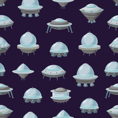 Cartoon Alien Spaceship or Ufo Ship Seamless Pattern Background. Vector