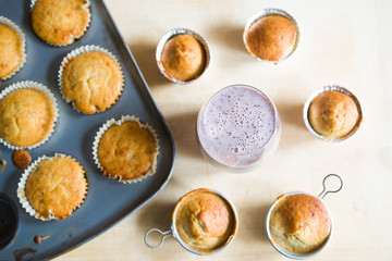 Blueberry smoothies with lactose free almond milkbanana muffins, concept for healthy breakfast and snack.