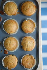Freshly baked homemade undecorated cupcake, overhead view