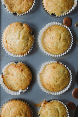 Freshly baked homemade undecorated cupcake, overhead view