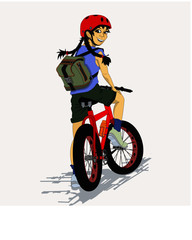 Fototapeta na wymiar teen boy on bike with backpack and bicycle helmet, stylized image