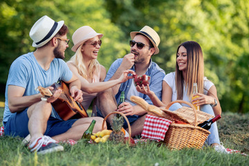 Happy friends having picnic in the country