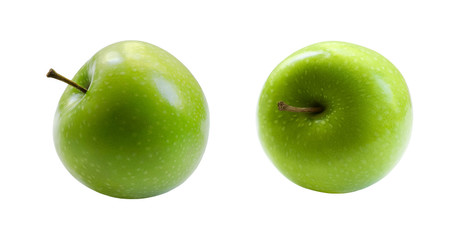 Two whole green apples isolated on a white background. Dietary health food. Sour fruit with bright spots. Image for packaging design of juice, cosmetic products, vitamins.