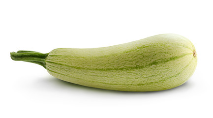 One whole light green zucchini is isolated on a white background. Summer vegetable for packaging