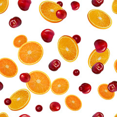Seamless pattern with orange slices, whole cherries and cranberries in the fall. Fruits and berries isolated on white background.