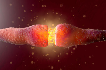 D Rendered Illustration, visualization of neurons firing neurotransmitters in the synaptic gap, molecular biology