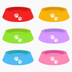 Bowls for food. Set of multicolored bowls. Empties dog food bowl dish isolated on white background. Vector illustration. EPS 10.