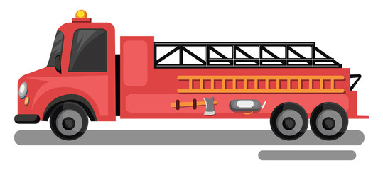 Red fire truck with yellow laders vector illustration on white background.