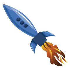 Flying blue rocket vector illustration on white background.