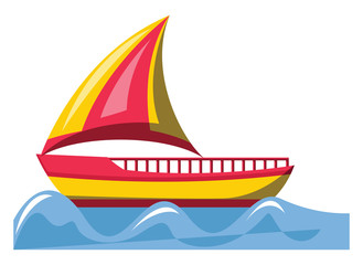 Red and yellow sailing ship vector illustration on white background.
