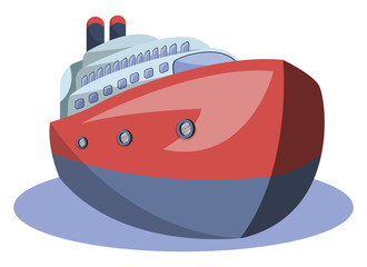 Front view of red and blue vector illustration of big ship on white background.