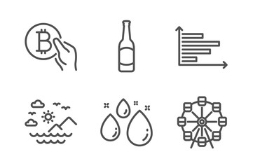Beer, Horizontal chart and Bitcoin pay icons simple set. Sea mountains, Water drop and Ferris wheel signs. Bar drink, Presentation graph. Business set. Line beer icon. Editable stroke. Vector