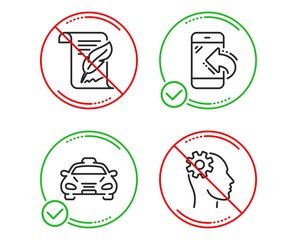 Fototapeta premium Do or Stop. Incoming call, Taxi and Feather icons simple set. Engineering sign. Phone support, Public transportation, Copyright page. Cogwheel head. Business set. Line incoming call do icon. Vector