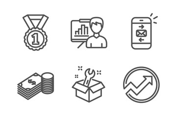 Spanner, Mail and Savings icons simple set. Presentation board, Best rank and Audit signs. Repair service, Smartphone communication. Business set. Line spanner icon. Editable stroke. Vector