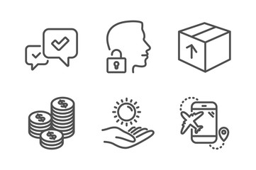 Package, Unlock system and Approve icons simple set. Sun protection, Coins and Flight destination signs. Delivery pack, Access granted. Business set. Line package icon. Editable stroke. Vector