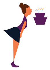 A girl blowing a birthday cake, vector color illustration.