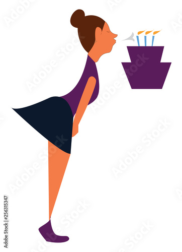 A girl blowing a birthday cake, vector color illustration.