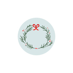 Christmas wreath with red bow isolated on white background. Symbol winter and holiday. Logo. Vector illustration. EPS 10.