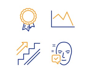 Success, Stairs and Line chart icons simple set. Face accepted sign. Award reward, Stairway, Financial graph. Access granted. Business set. Linear success icon. Colorful design set. Vector