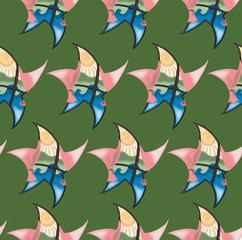 View from the window in the form of a star on the sea and the sun, green background, seamless pattern