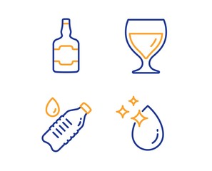 Whiskey bottle, Water bottle and Wine glass icons simple set. Water drop sign. Scotch alcohol, Still drink, Cabernet wineglass. Crystal aqua. Food and drink set. Linear whiskey bottle icon. Vector