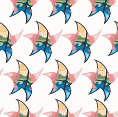 View from the window in the form of a star on the sea and the sun, white background, seamless pattern