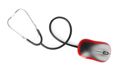 Stethoscope with computer mouse on white background, top view. Online medical consultation