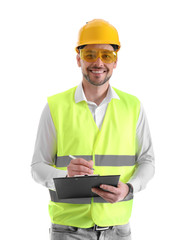 Male industrial engineer in uniform with clipboard on white background. Safety equipment