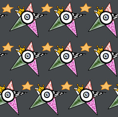 A star with a crown and different patterns on each triangle.Black background. seamless pattern.