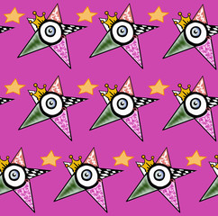A star with a crown and different patterns on each triangle.Pink background. seamless pattern.
