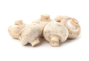 Fresh raw champignon mushrooms on white background