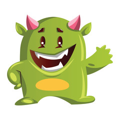 Imaginary green monster with pink horns smiling and waving on white background vector illustration.