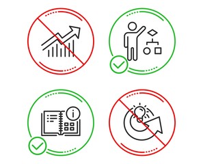 Do or Stop. Algorithm, Demand curve and Instruction info icons simple set. Share idea sign. Developers job, Statistical report, Project. Solution. Education set. Line algorithm do icon. Vector